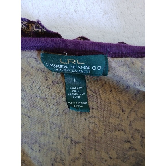 Ralph LAUREN JEANS CO Top Women L Purple Paisley Rufffle Tie Neck Short Sleeve - Picture 14 of 15